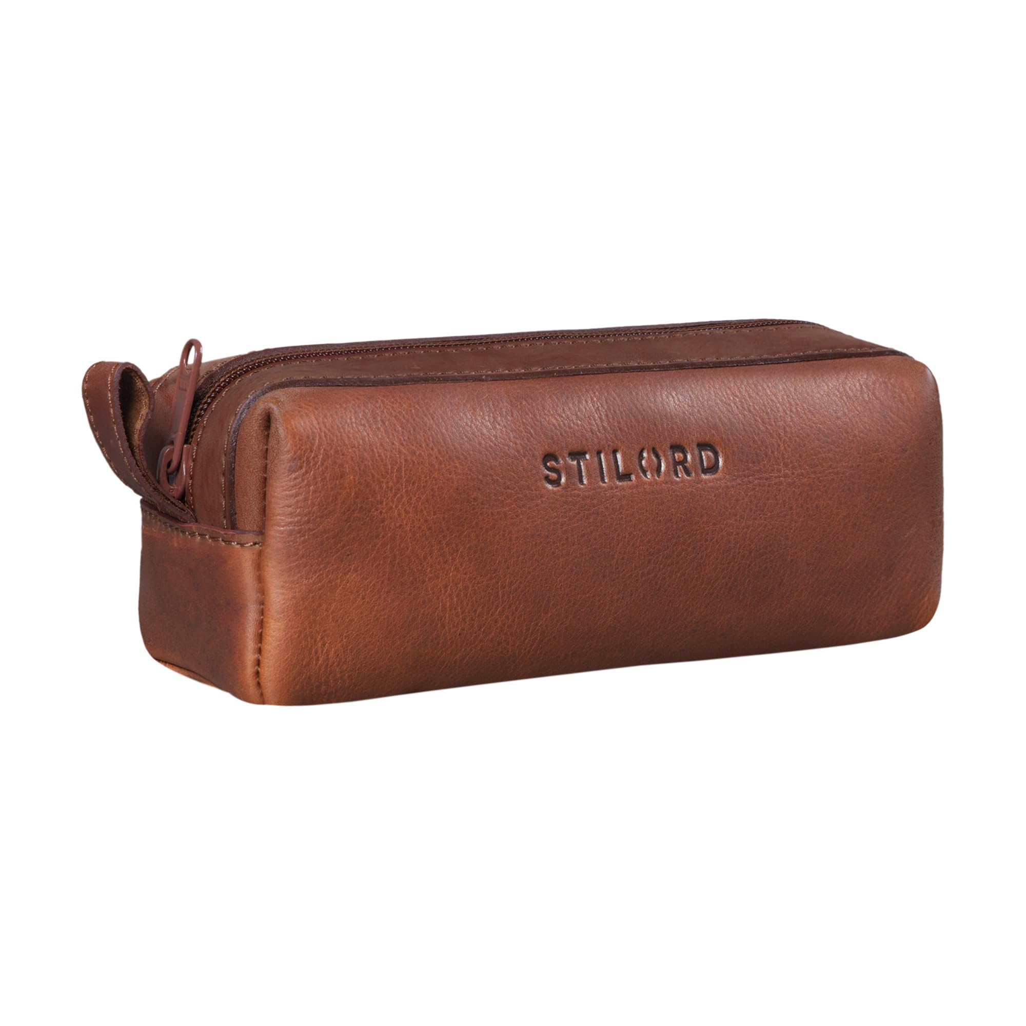 STILORD "Linus" Pencil Case Leather Pen Case Pouch Office University College Women Men Stationary Vintage Leather Colour:Porto - Cognac