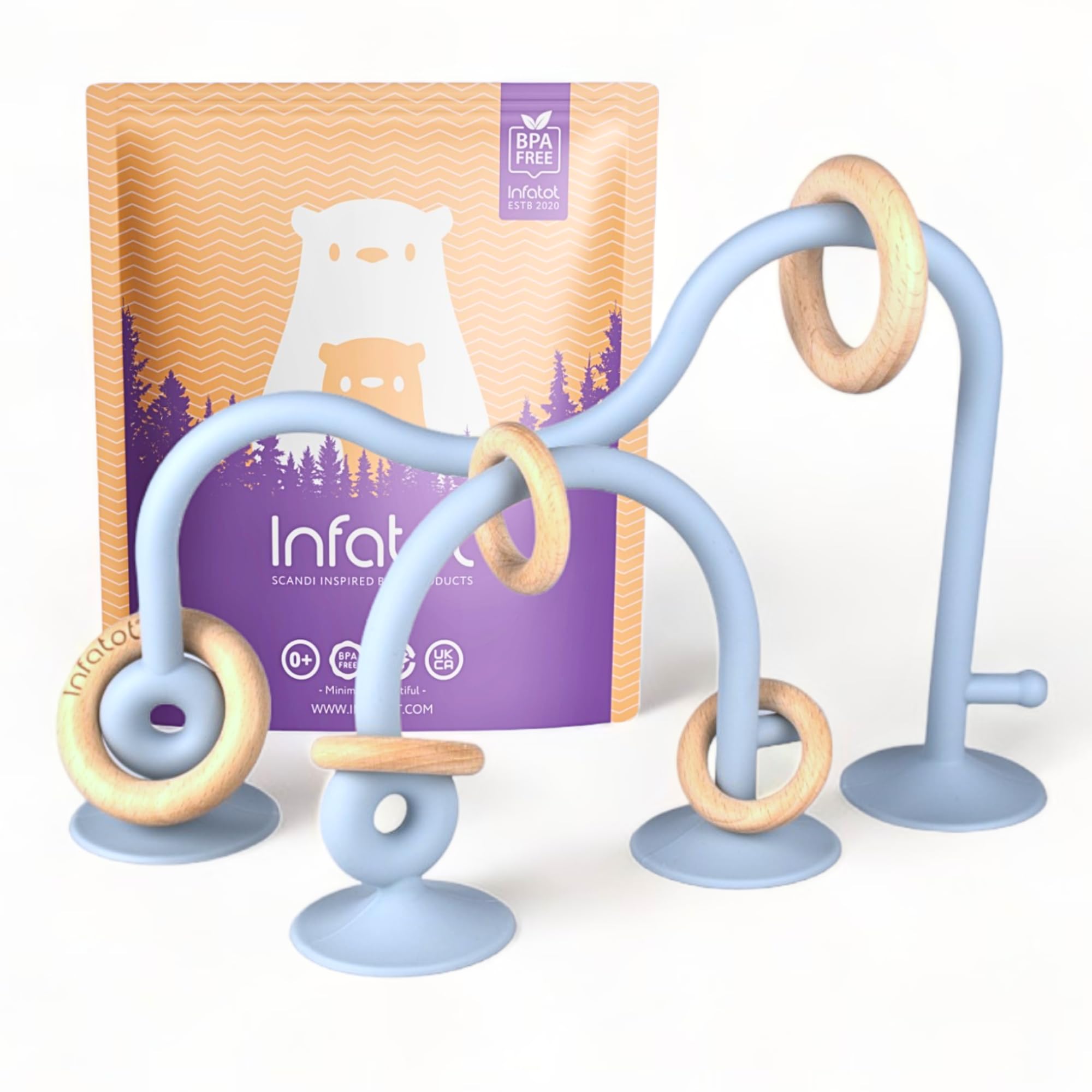 Infatot® Teething Suction Toy – Wood & Silicone Baby Toys 0-6 Months, Sensory Toy for Early Development, Suction Teether for High Chair, Baby Gift for Boys and Girls - Blue