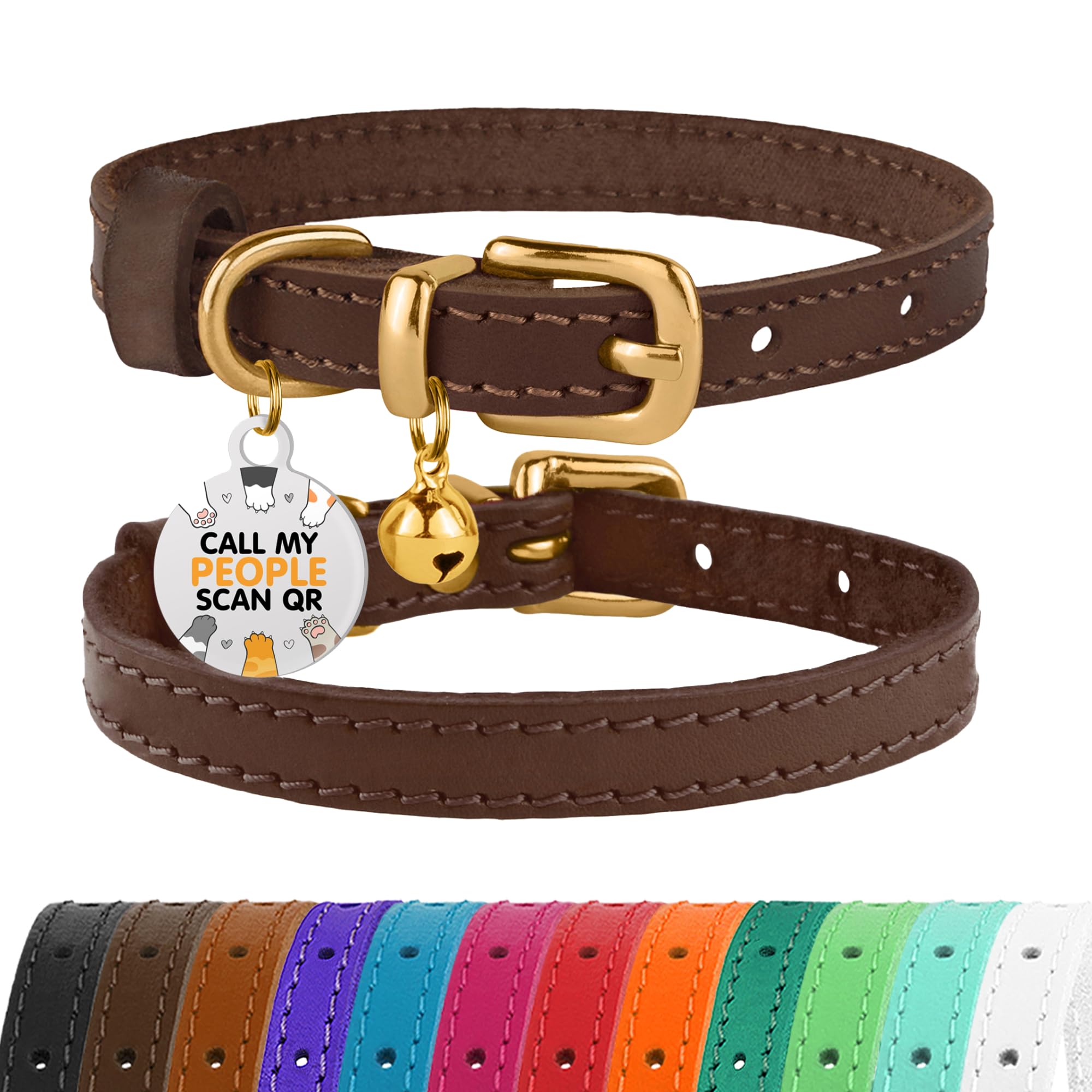 BRONZEDOG Leather Cat Collar with Removable QR-ID Tag – Kitten Collar with Bells, Non-Breakaway, for Girls & Boys (18-22 cm, Dark Brown & Gold) — image 1