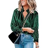 Melliflo Women's Frilled Neck Buttoned Front Velvet Top Casual V Neck Solid Long Sleeve Blouse Tops