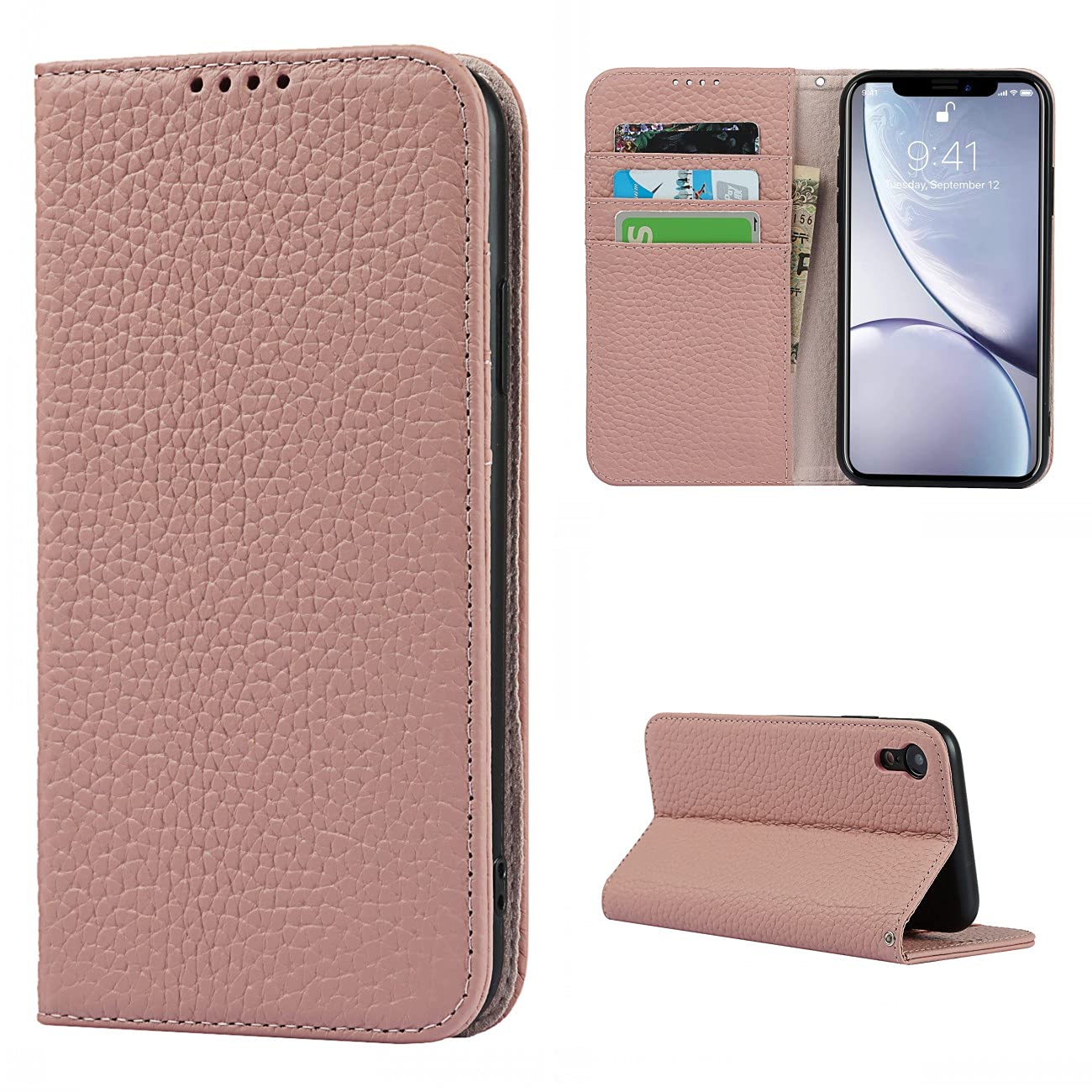 Copmob Phone Case iPhone XR,Flip Genuine Leather Wallet Case,[4 Slots][Magnetic closure][With Lanyard],Protective Cover Case for iPhone XR - Pink