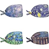 Belidome Bouffant Scrub Caps Women Long Hair Head Covering 4 Pack Back Tie Scrub Hats