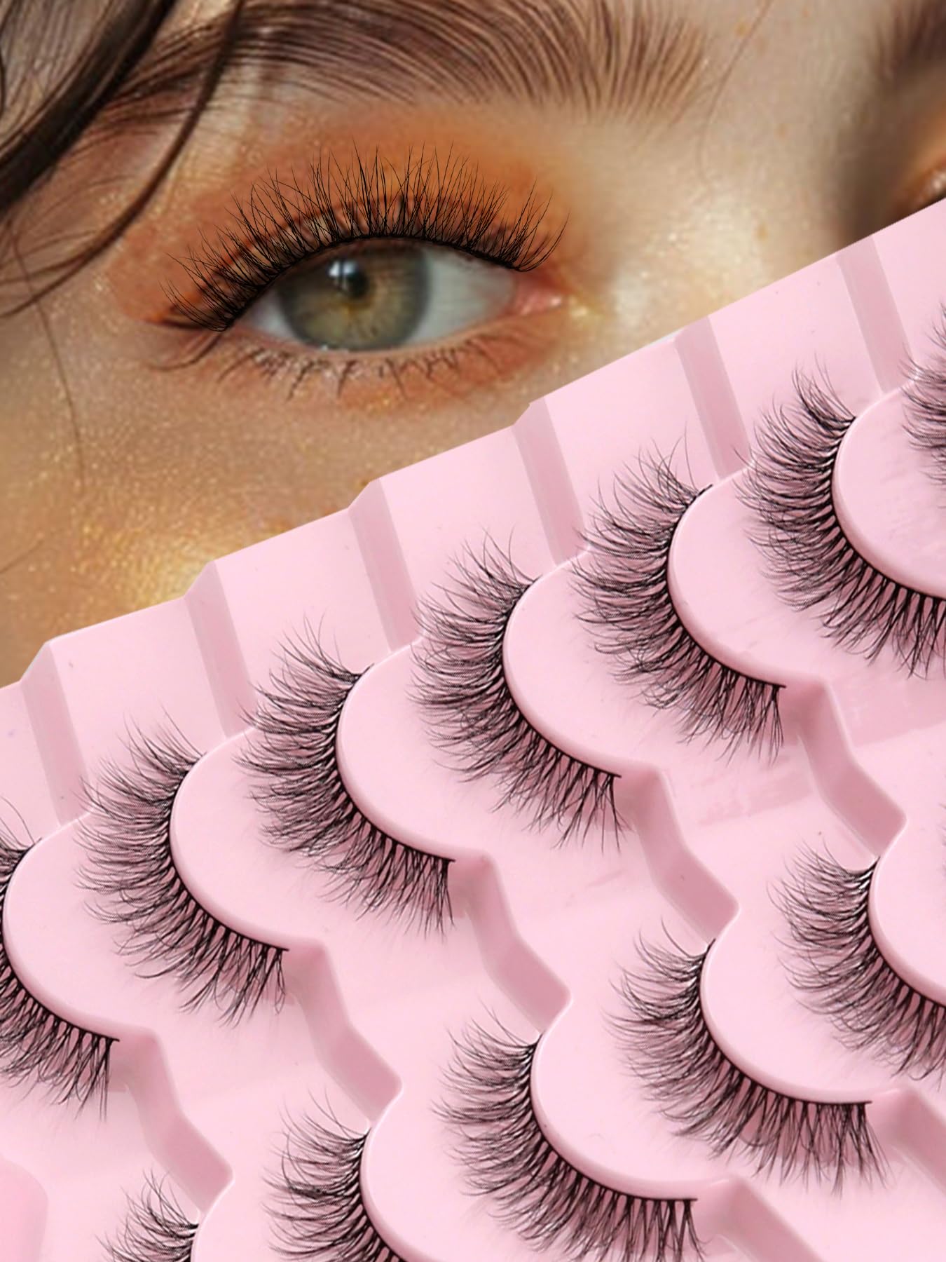 Natural Eyelashes, 12 mm, Fake Lashes, Wispy False Eyelashes, Soft Eyelashes, Natural Look, 3D Volume Eyelash Extensions with Thin Band, C Curl, Siligli Daily Lash Pack, 7 Pairs — image 1