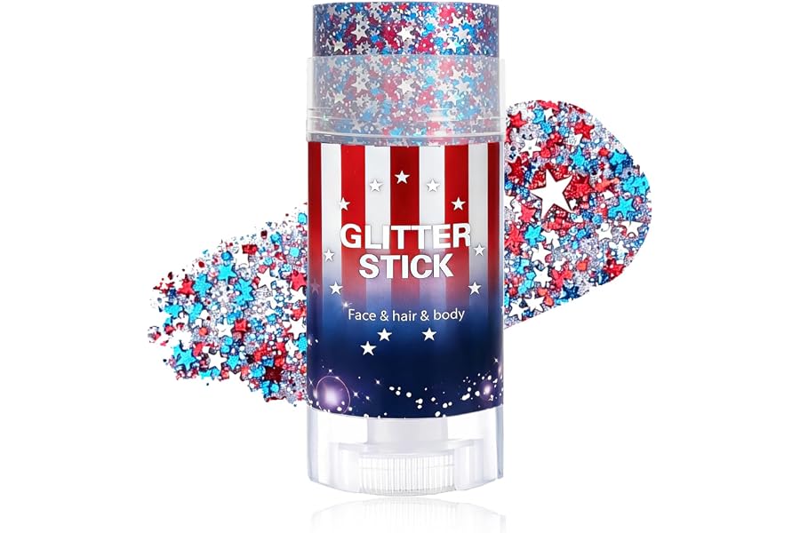 Patriotic Body Glitter Stick with Star,4th of July Outfits and Accessories,250th Anniversary Sparkling Face Hair Glitter Makeup for Women,Fourth of July Red White Blue Waterproof Hair Glitter