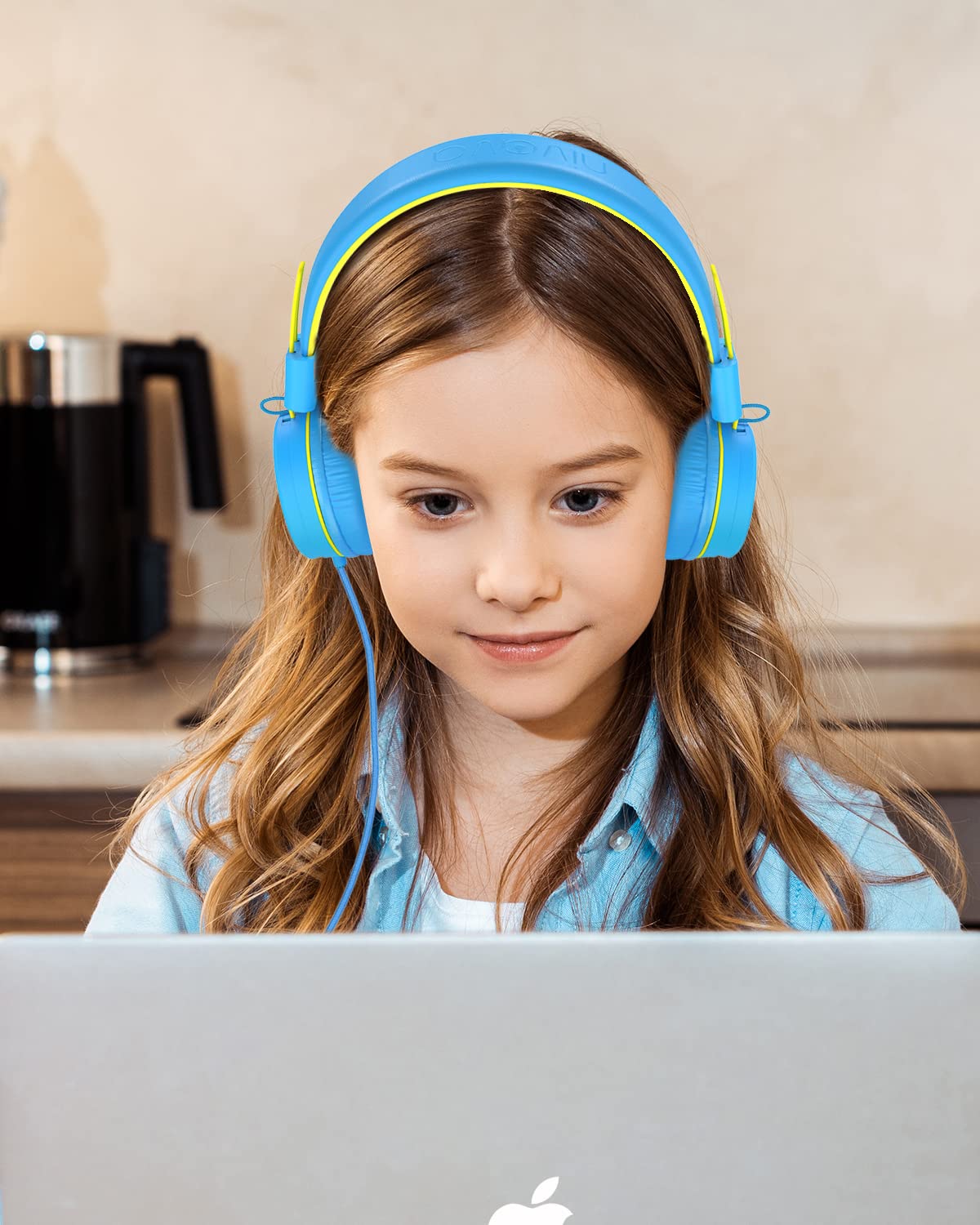 NIVAVA Kids Headphones, K8 Wired Headphones for Kids with Adjustable Headband, 3.5 MM Jack for School, Foldable On-Ear Headset for Girls Boys Kindle Tablet Cellphones Airplane Travel(Blue Yellow)