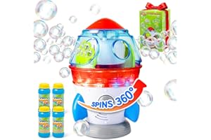 MAKE KIDS SMILE BUBBLE FUN Rocket-Shaped Bubble Machine for Kids & Pets - Dual Powerful Bubble Outlets, Automatic 360° Rotation, Adjustable LED Lights & Music – Ideal for Indoor/Outdoor Birthday Parties