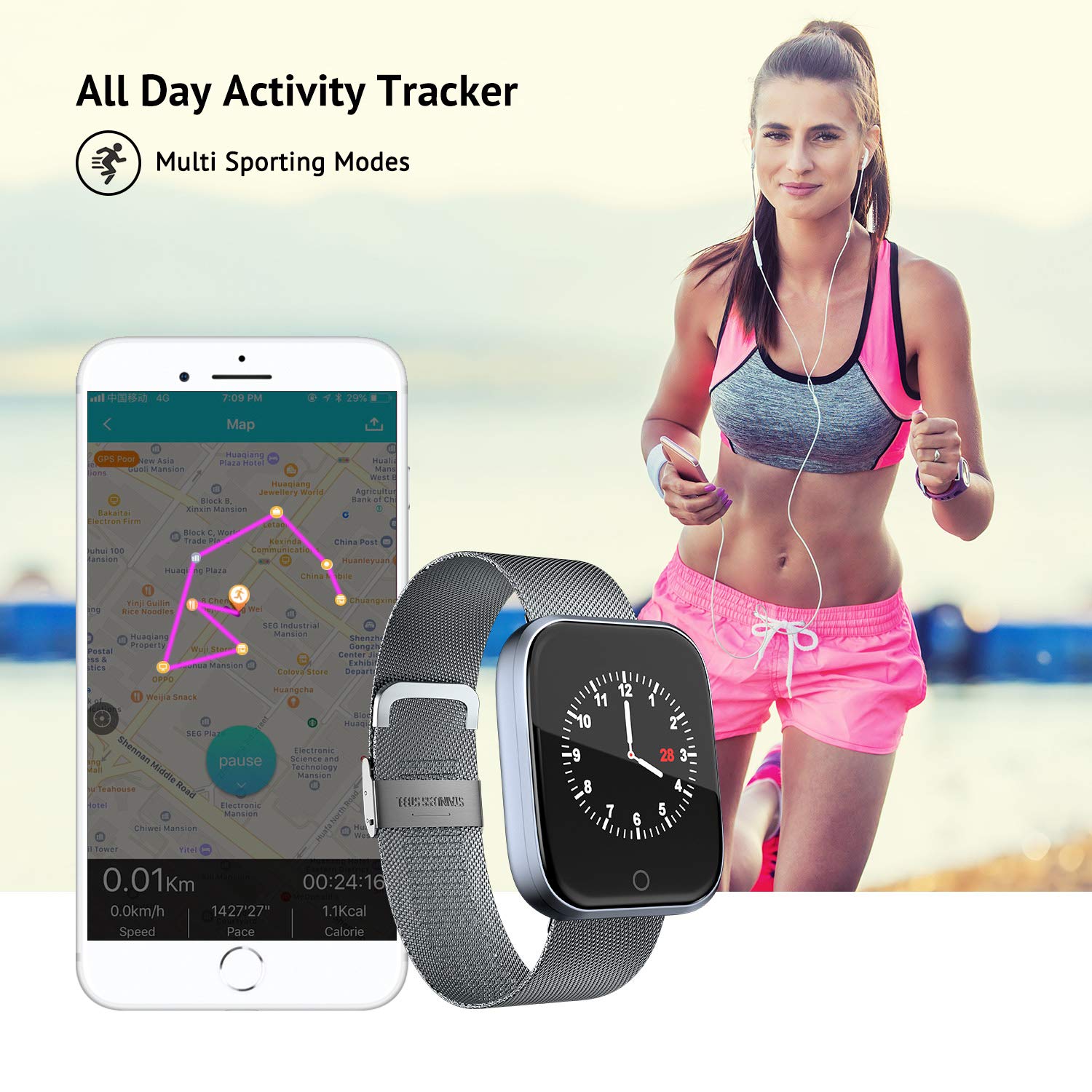 Bracelet Activity Tracker, Waterproof Smart Fitness Watch HD Screen Fitness Tracker With Pedometer/Heart Rate & Blood Pressure Monitor/SNS Alert/GPS Running Map, for Men & Women,iOS Android (Silver)