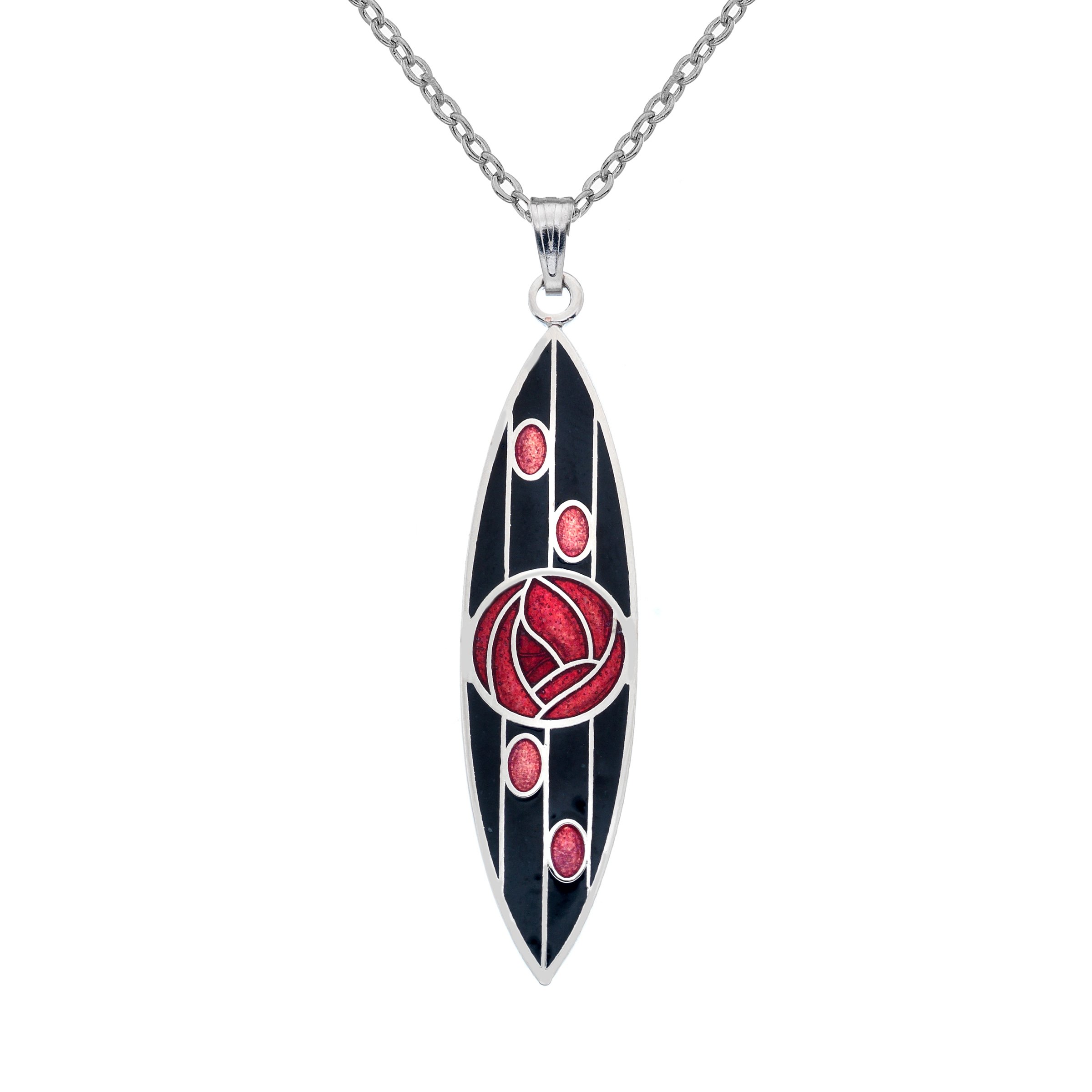 Rennie Mackintosh Rose & Lines Pointed Enamelled Pendant Necklace On 18 Inch Chain With Presentation Box (Black/Red)