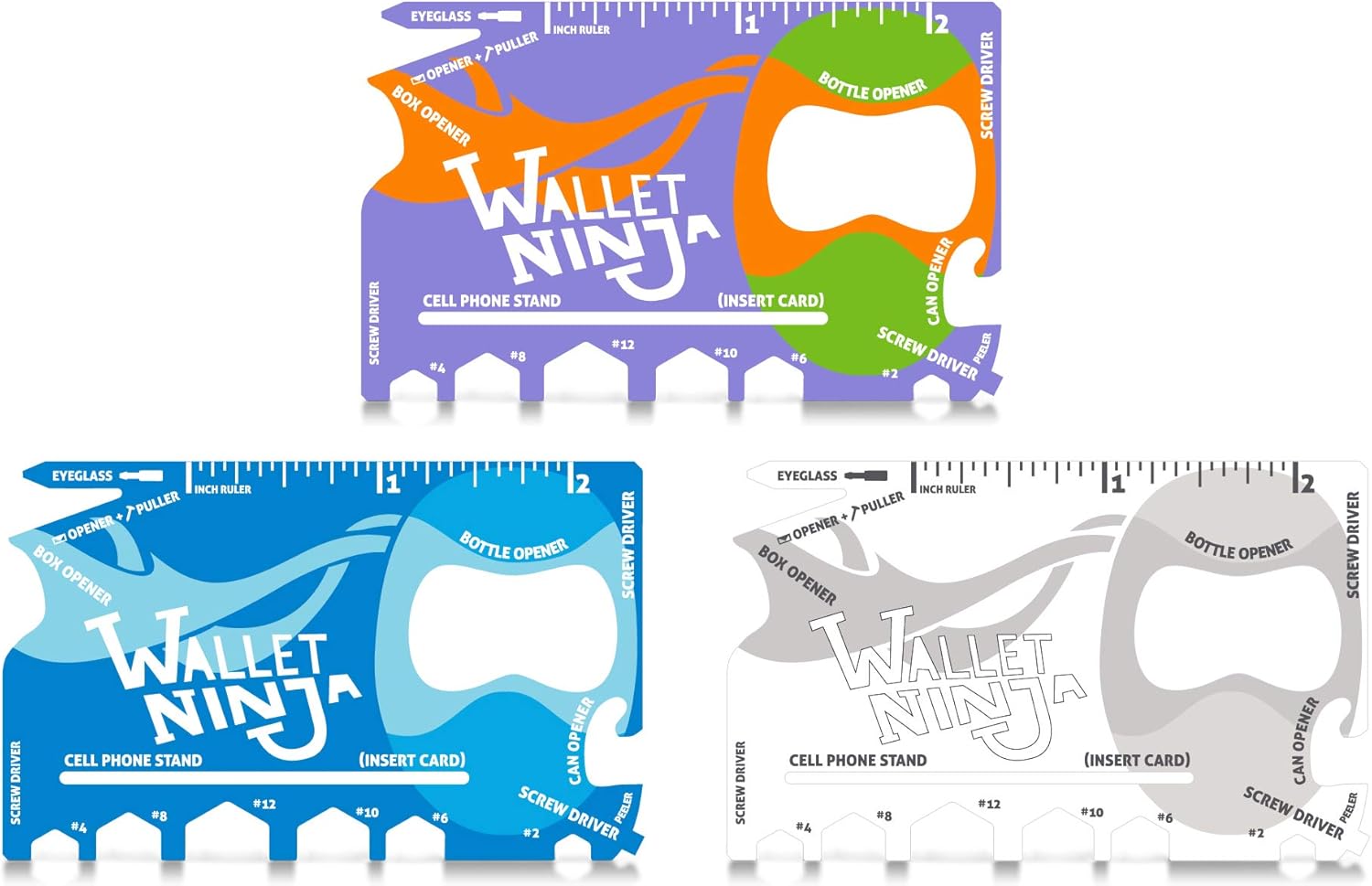 Wallet Ninja 18 in 1 Credit Card Multi-Tool: (Baby Blue, Snow White, Mutant Purple) Eyeglass Screwdriver, Hex Wrenches, Bottle Opener, Phone Stand, Can Opener, Ruler