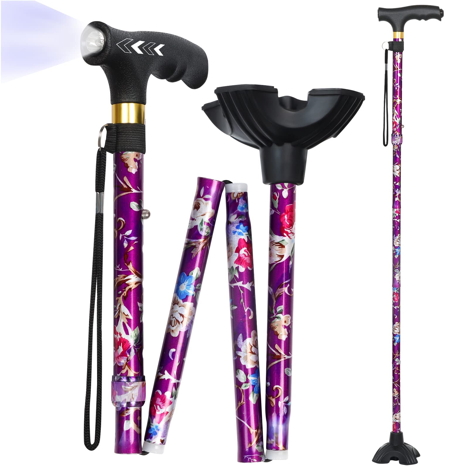 JUNRA Walking Cane with LED Light, Folding Cane for Women and Men, Portable Foldable Cane, Collapsible Aluminium Cane, Lightweight and Adjustable Walking Sticks for Seniors Balance