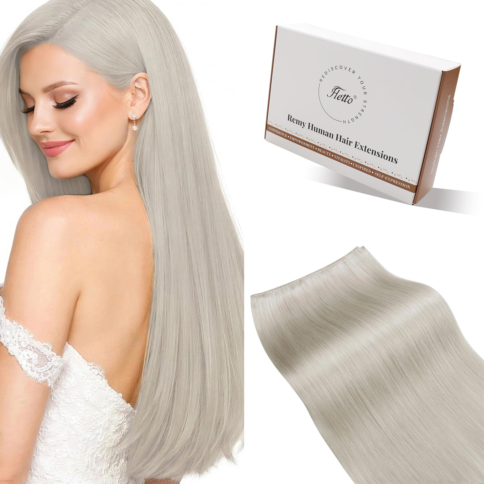 Hetto Weft Hair Extensions Real Human Hair Platinum Blonde - Human Hair Weft Extensions for Professional Hair Thickening, Salon Sew in Hair Extensions for Party Use 14 Inch 80g #60 — image 1