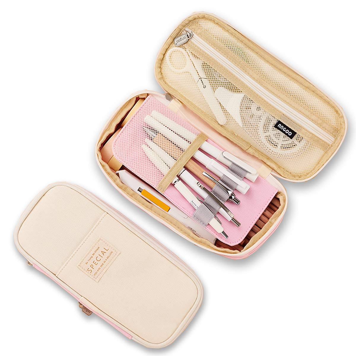 iSuperb Pencil Case Large Capacity Student Pink Pencil Bag Canvas Pencil Pouch for Girls Boys ，Pen Stationery Storage Bag Double Zipper Pencil Organizer School Office