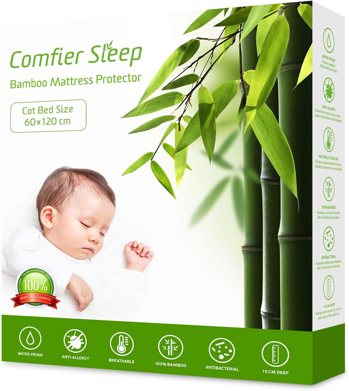 Cot Mattress Protector, Waterproof 100% Bamboo, Super Soft, Breathable Cot Mattress Protector 120 x 60cm