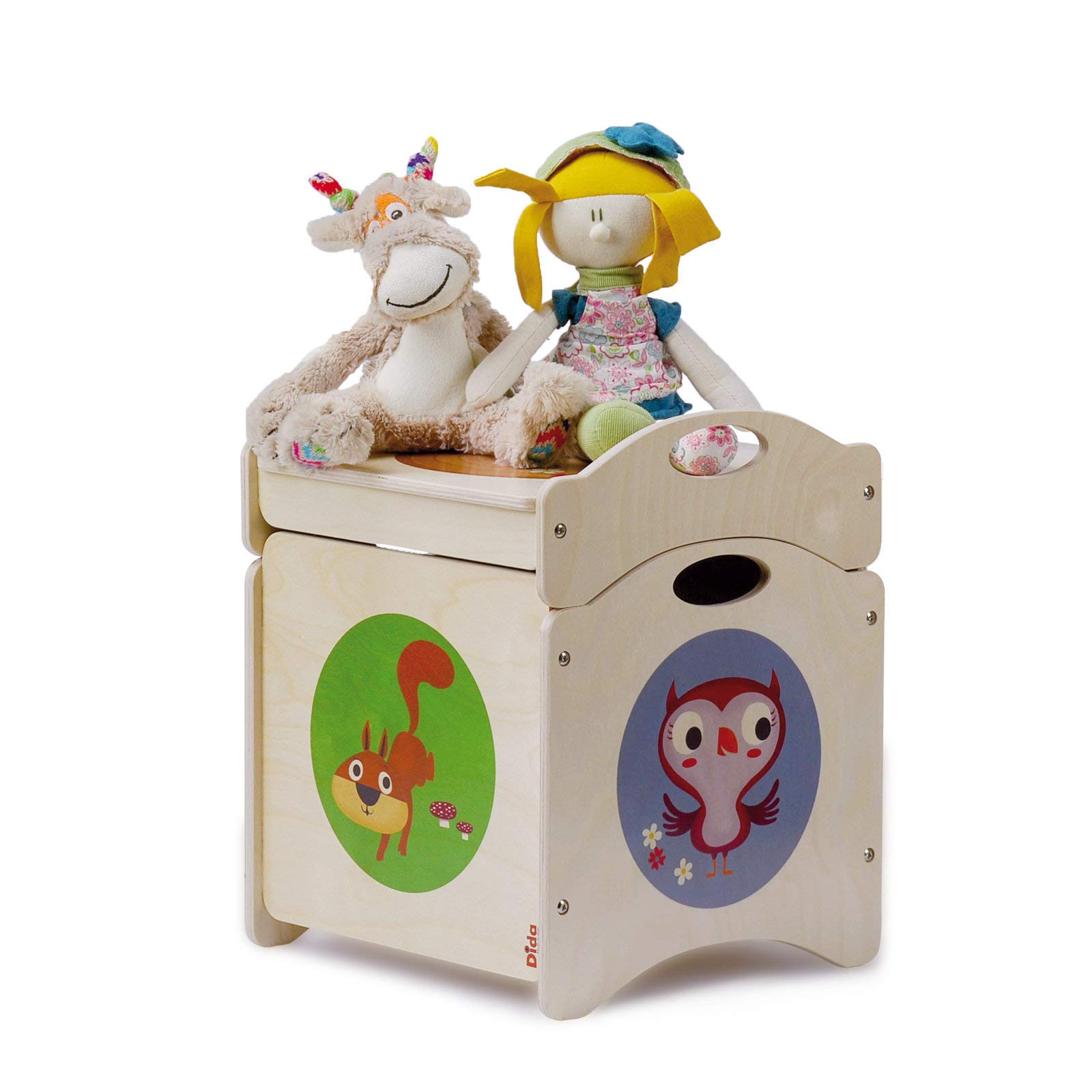 Dida - The Troncotti - ottoman container wood - based cube with 4 wheels + cover decorations: squirrels, skunk and Owl