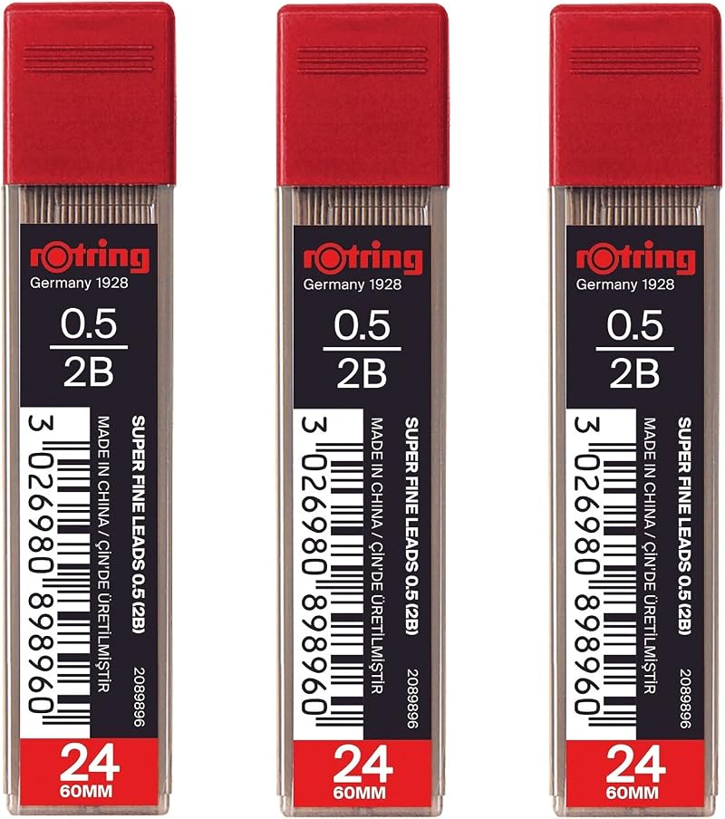 rOtring 0.5mm 2B Super-Polymer Pencil Lead Pack of 3 Tubes (72 Leads)
