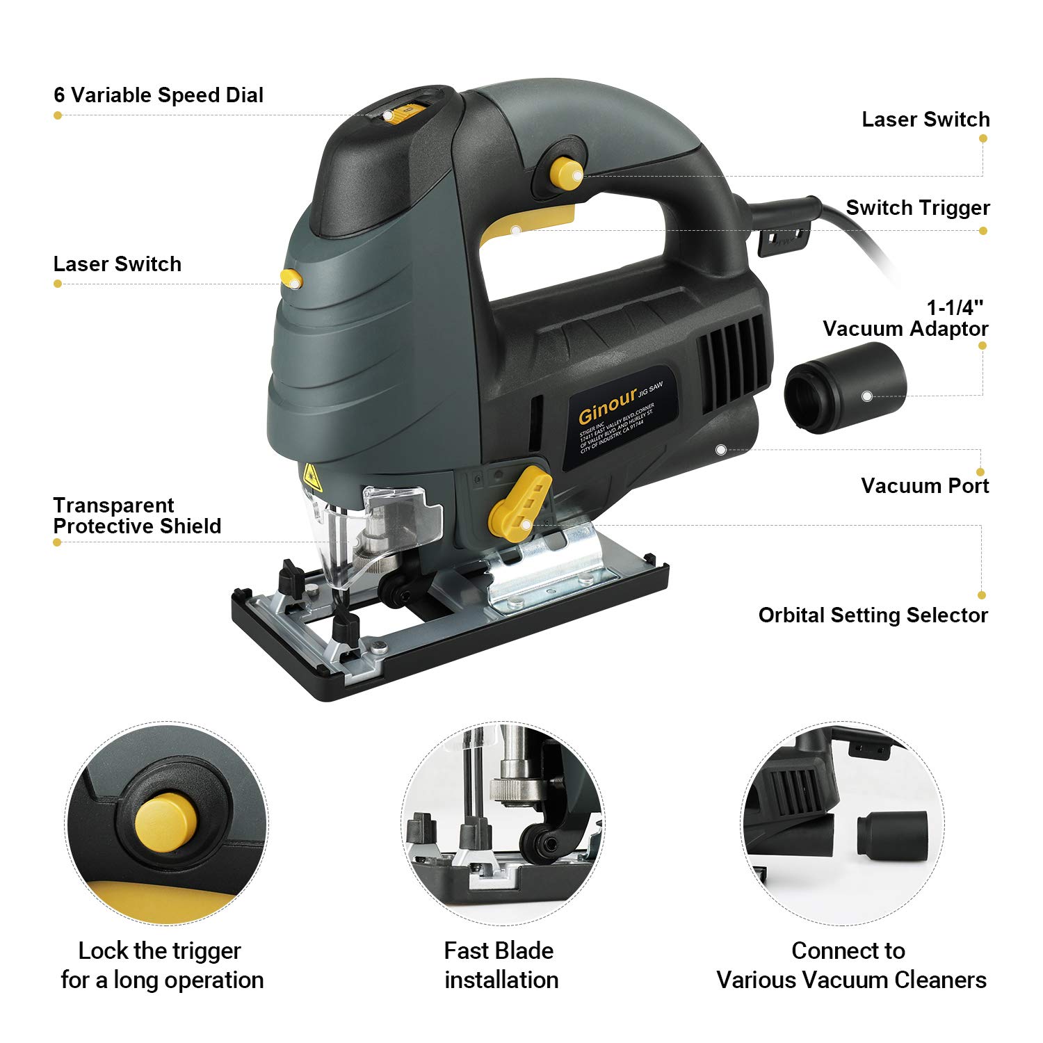 Ginour 6.7A 3000SPM Jigsaw Blade Set with Laser & LED