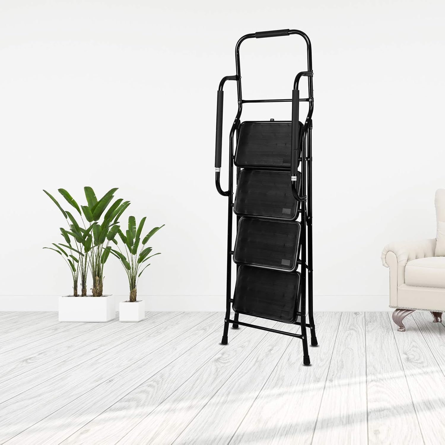 Step Ladders, Folding 4 Step Stool with Safety Rails Portable Heavy Duty 330 lb Load Capacity for Home Household Kitchen Office Garden,Black: Kitchen & Dining