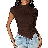 GORGLITTER Women's Textured Shirts Casual Ruched Cap Sleeve Mock Neck Slim Fit Going Out Tee Tops