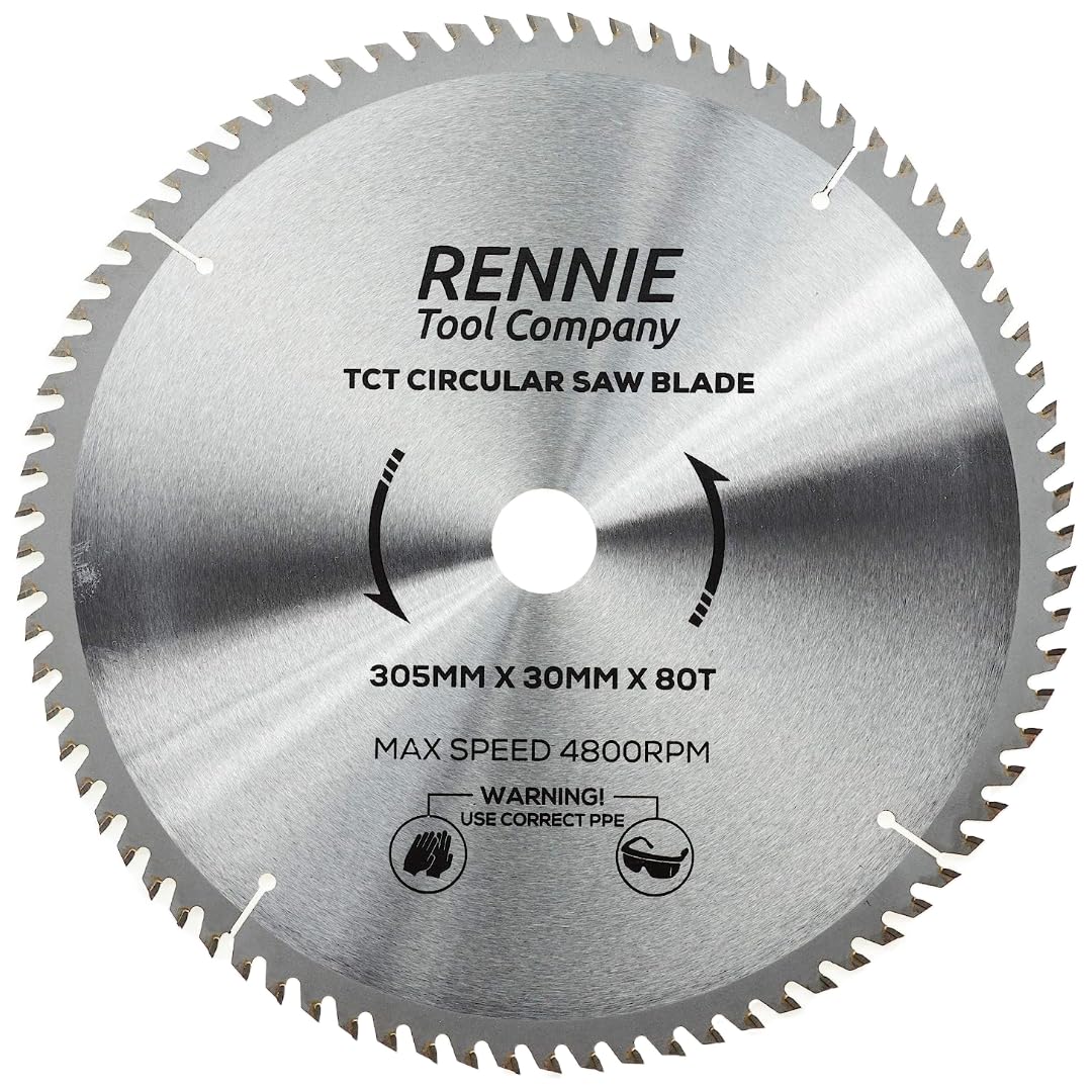 Rennie Tools - 305mm x 30mm x 80T TCT Circular Wood Saw Blade Includes 25mm 20mm & 16mm Bore Reduction Rings. Compatible with Bosch Makita Dewalt Circular Saw Etc.