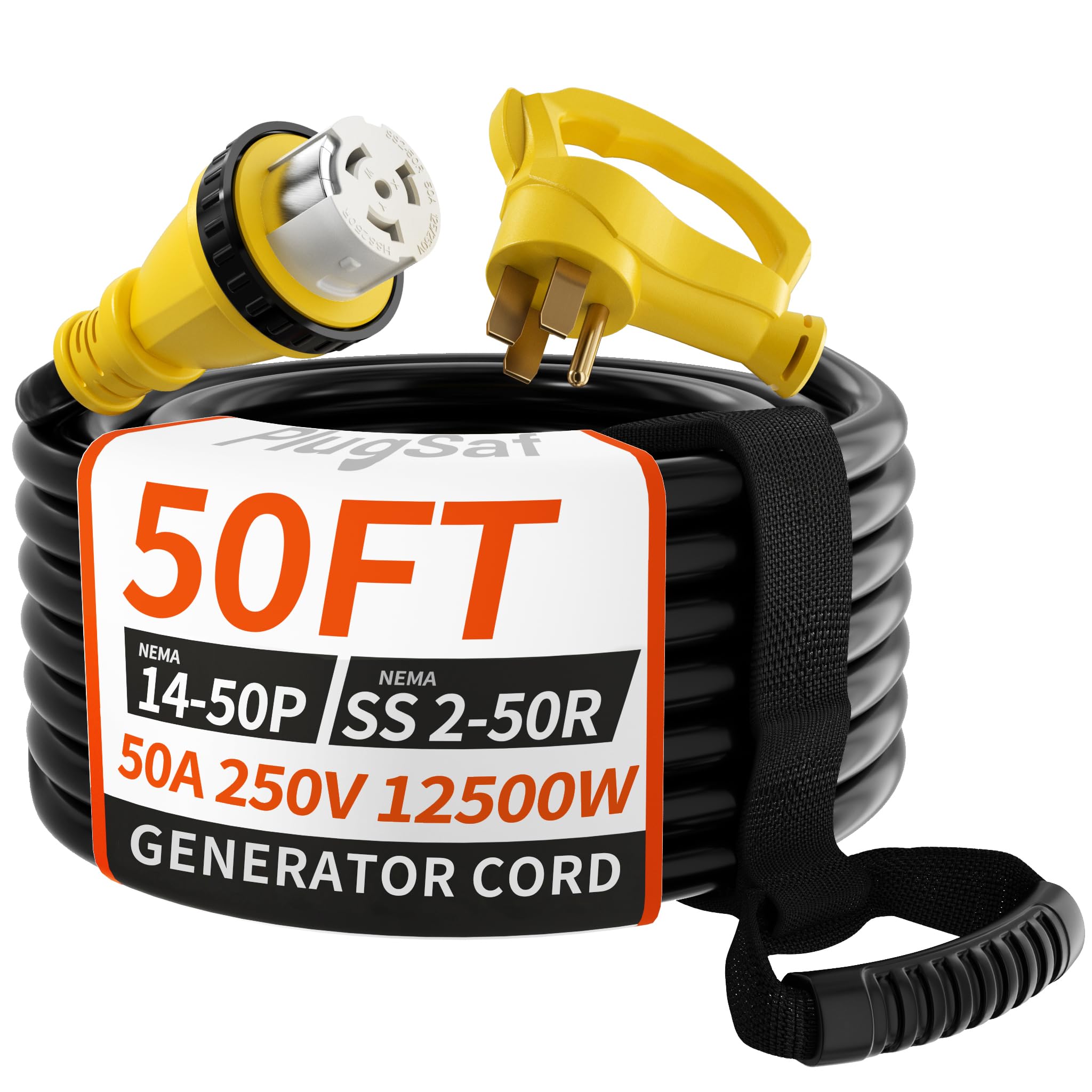 Photo 1 of PlugSaf 50 Amp Generator Cord, 50FT 50 Amp RV Extension Cord with Twist Lock, Generator Cable 50A 4 Prong Yellow, NEMA 14-50P/SS2-50R Heavy Duty STW Wire for RV Camper & House