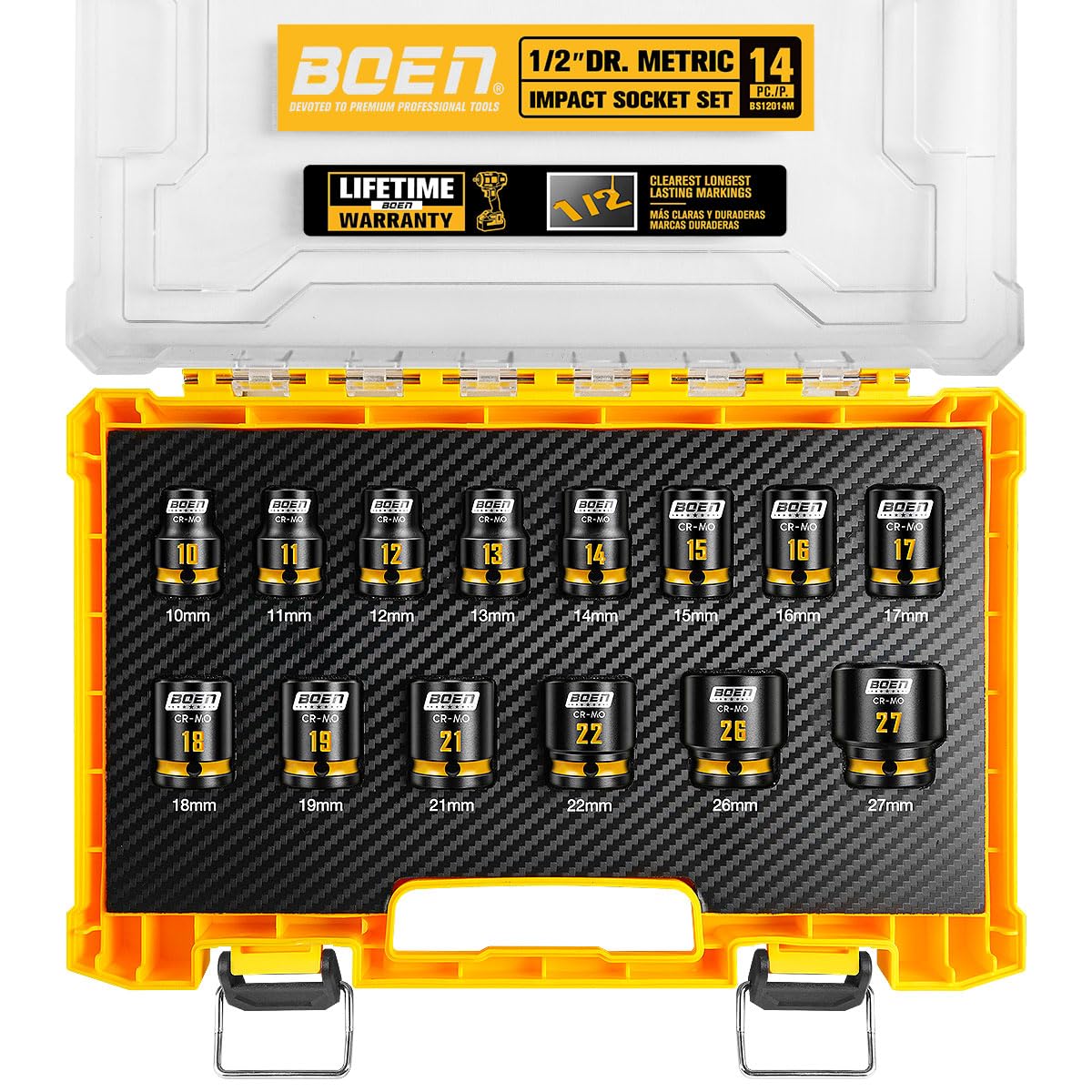 Photo 1 of BOEN Pro 1/2" Drive Shallow Impact Socket Set, 14-Piece 6-Point Metric (10-19mm, 21, 22, 26, 27mm) Standard Socket Kit with Deep Embossed and Painted Marking, CR-MO, Includes Rugged PP Case