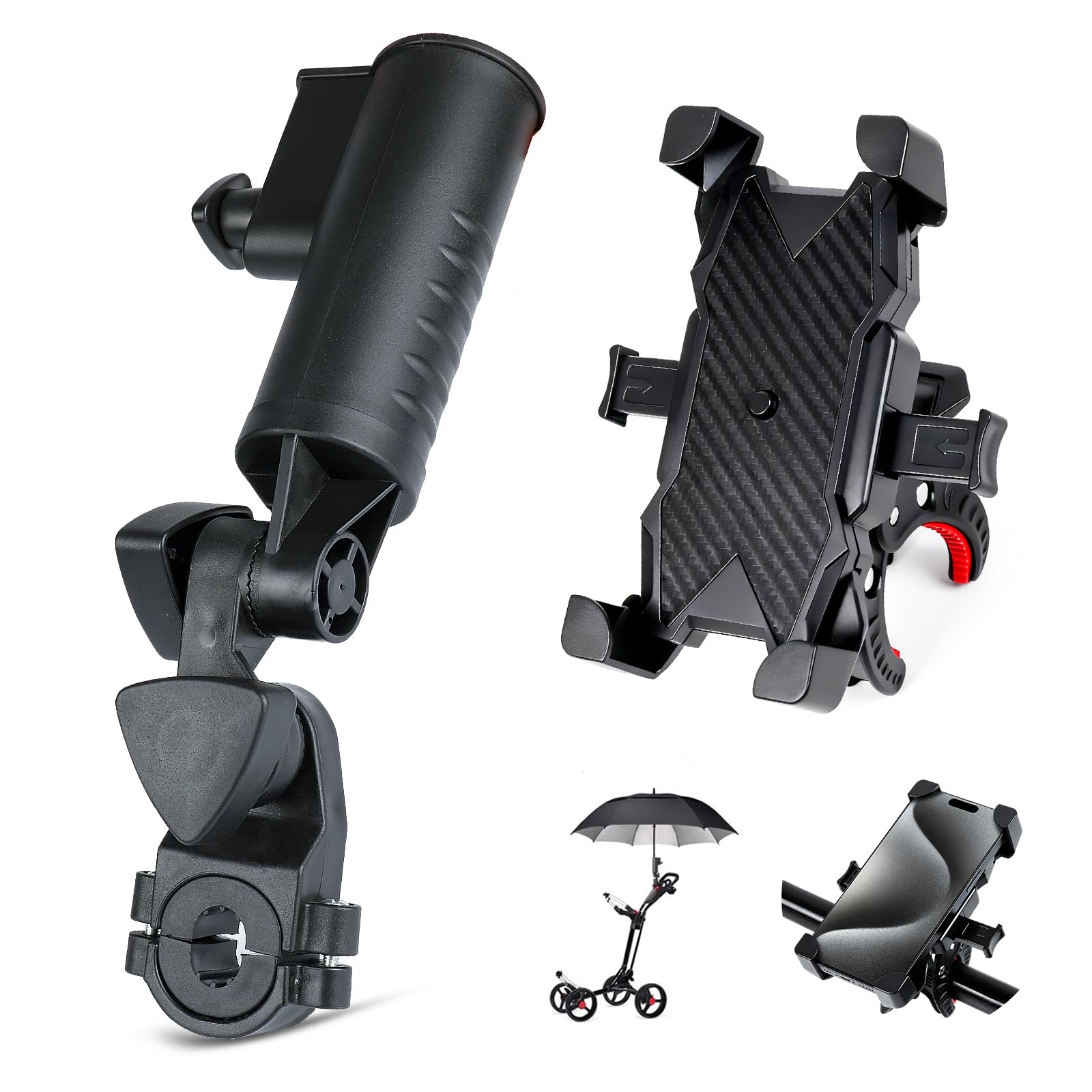 Photo 1 of ?Universal Golf Push Cart Umbrella Holder - Golf Trolley Umbrella Holder with Phone Mount, Adjustable 3-Wheel Clip Mounting Attachment, Free Sun & Rain Protection for Golf Trolley, Stroller, Wheelchair, Bike, Beach Chair