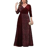 ZOMVA Plus Size Women's Velvet Splice Sparkly Maxi Dress 3/4 Sleeve V-Neck Wrap A-line Dresses Formal Evening Cocktail