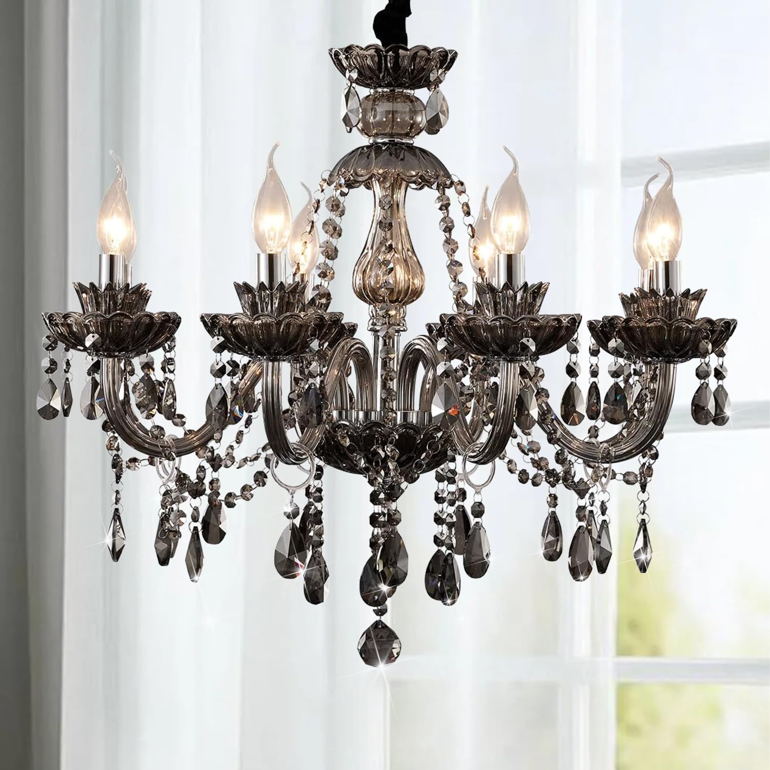 Photo 1 of Luxurious Smoky Gray Crystal Chandelier for Living Room, Antique 6-Lights Teardrop Candle Chandelier Pendant Ceiling Lighting Fixture for Kitchen Dinner Party Closet Entryway of CRYSTOP