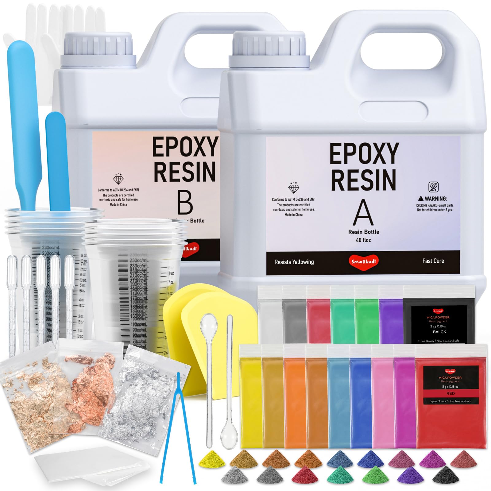 Photo 1 of Smallbudi 80 Oz Epoxy Resin Kit with 16 Colors Mica Powder, Gold Foil, Cups & Stick, Crystal Clear Resin Beginner Supplies for Coating Casting Table, Molds, Jewelry Making, DIY Art Craft, 1:1 Ratio
