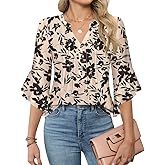 AKEWEI 3/4 Length Sleeve Womens Tops Double Layered Dressy Casual Business Work Blouses V Neck Office Tunic Shirts