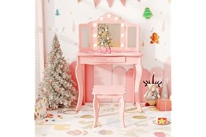 AKUSTIK Kids Vanity with Lights, 2 in 1 Wooden Dressing Table and Chair Set with Tri-Folding Mirror, Stool, Storage Drawer, Toddlers Pretend Princess Beauty Playset Toy Gift for Little Girls