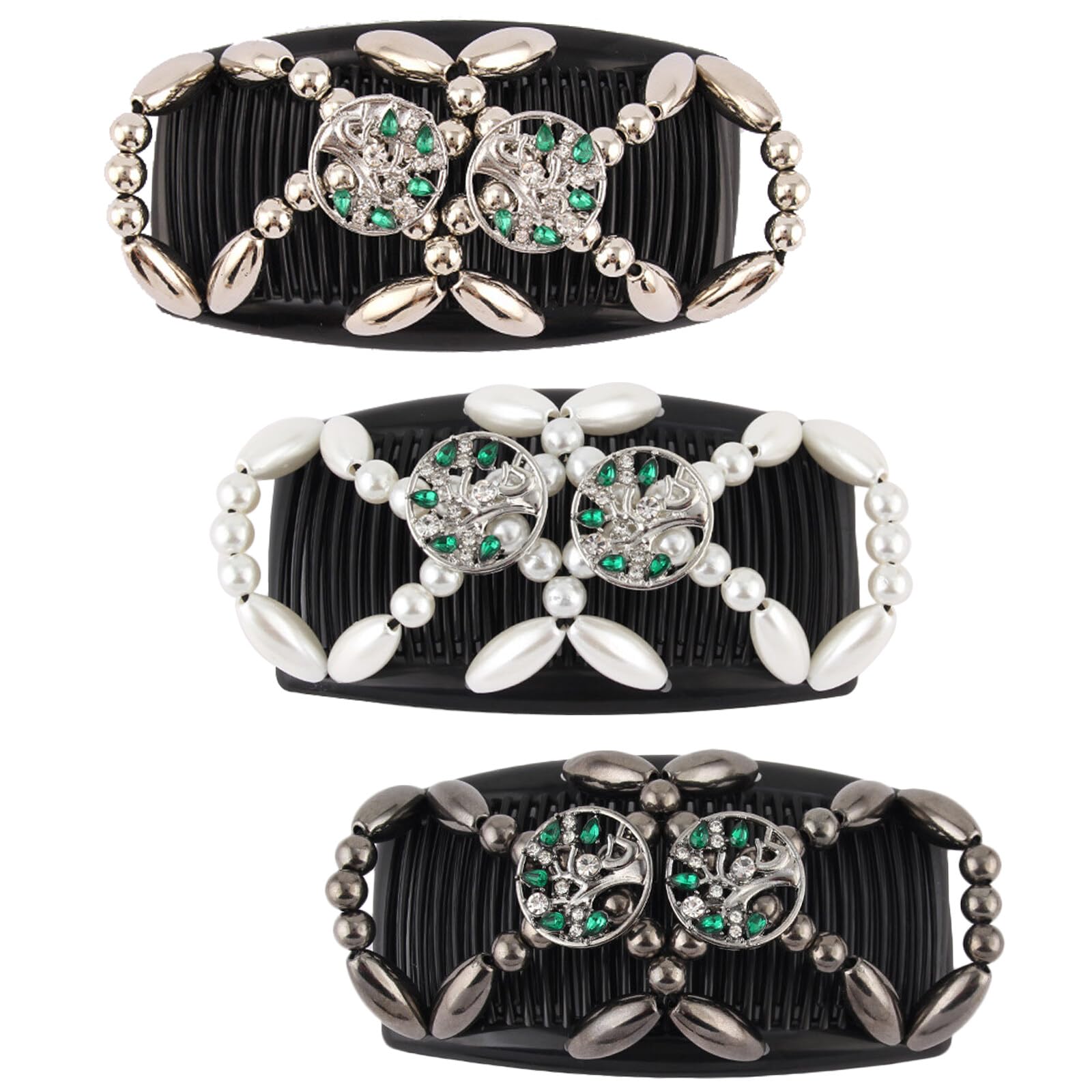 Kytpyi Double Clip Magic Elastic Beaded Hair Combs, 3PCS Double Sided Clips for DIY Hairstyling, Girls & Women Hair Accessories