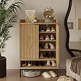 ALBSL Modern Shoe Cabinet with Fluted Door,5-Tier Farmhouse Shoe Cabinet with 3 Adjustable Shelves,41.5'' Tall Wooden Shoe Rack Organizer Cabinet for Entryway, Hallway,Living Room,Natural