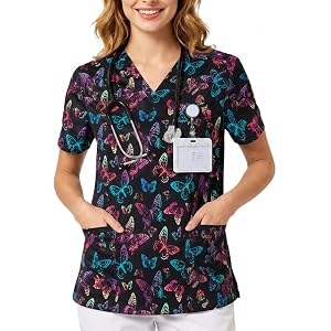 Scrub Tops for Women, V Neck Printed Shirts with 3 Pockets, Soft & Durable Fabric