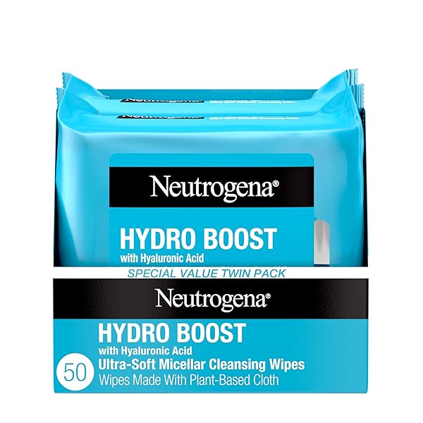 NEUTROGENA HYDRO BOOST ULTRA-SOFT MICELLAR CLEANSING WIPES WITH HYALURONIC ACID, HYDRATING MAKEUP REMOVER WIPES REMOVE DIRT & WATERPROOF MAKEUP, HYPOALLERGENIC, PLANT-BASED CLOTH, 2 X 25 CT