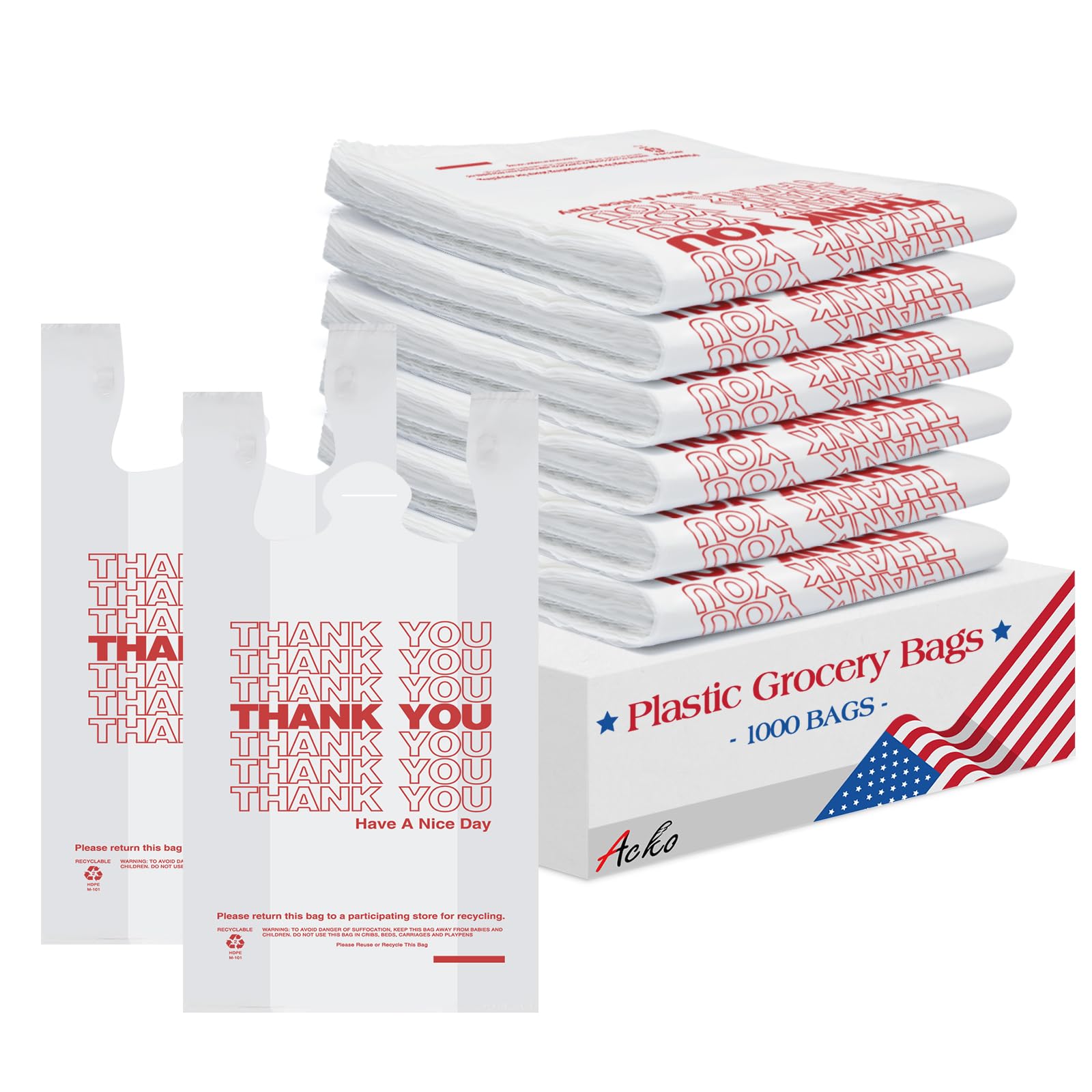 Photo 1 of ACKO Plastic T-shirt Bags with Handle (1000 Count), 4 Gallon Small Garbage Trash Bag for Home Office Kitchen, 11.5 x 6.5 x 21" Thank You Bags for Grocery, Take Out, To Go, Retail Shopping Bag
