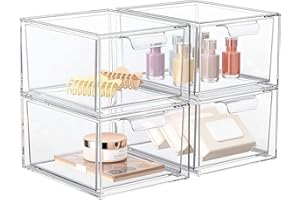 YIEZI Stackable Makeup Organizer Storage Drawers, 4.4'' Tall Acrylic Bathroom Organizer，Clear Plastic Storage Bin for Vanity,