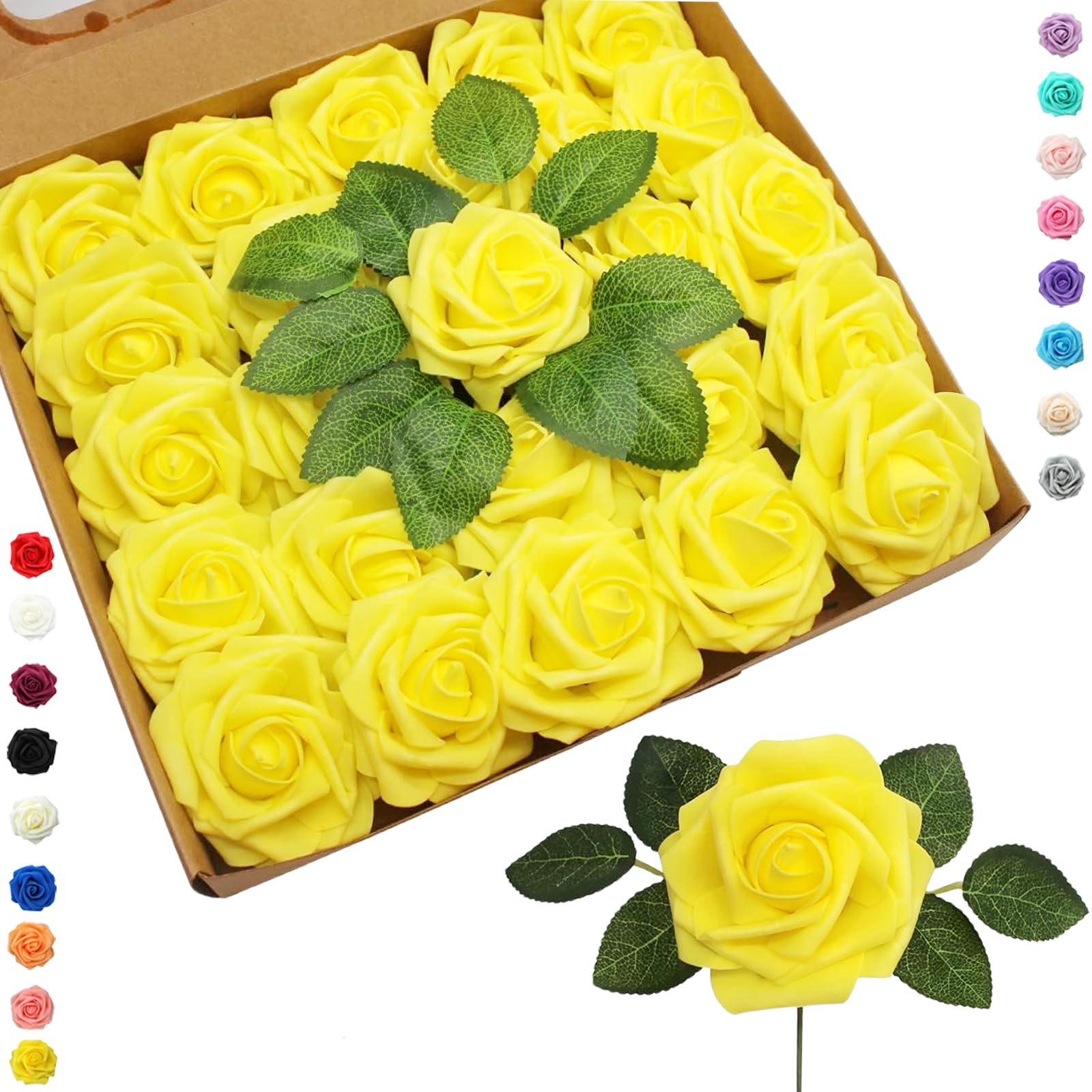 25pcs Faux Yellow Roses Artificial Flowers Roses,Real Touch Foam Roses Fake Flowers Artificial Roses Bulk with Stem for Wedding Decor,Bridal Shower Crafts Home Baby Shower Valentines Day Decorations