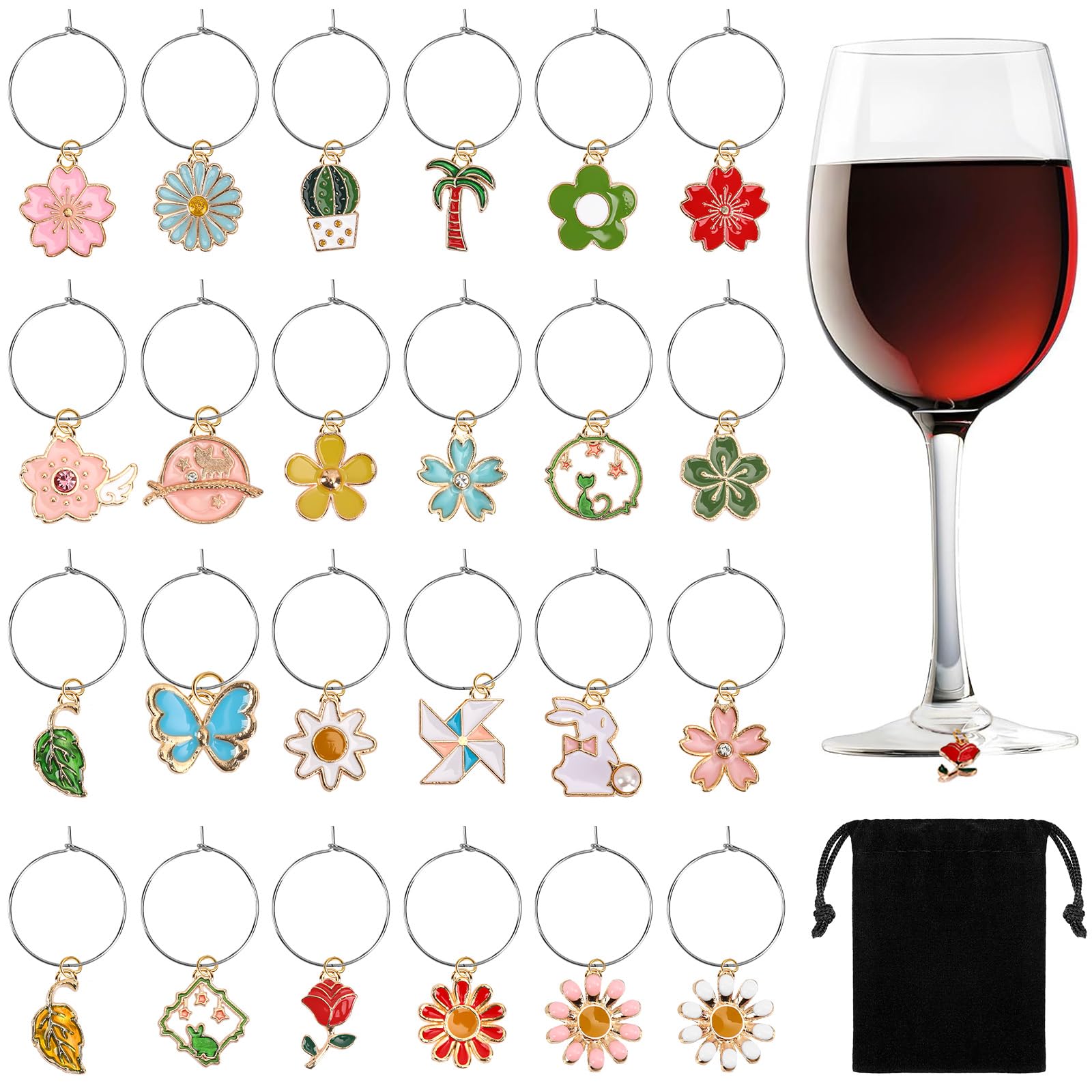 SANNIX Spring Floral Wine Charms, 24pcs Wine Glass Identifiers for Tasting Parties