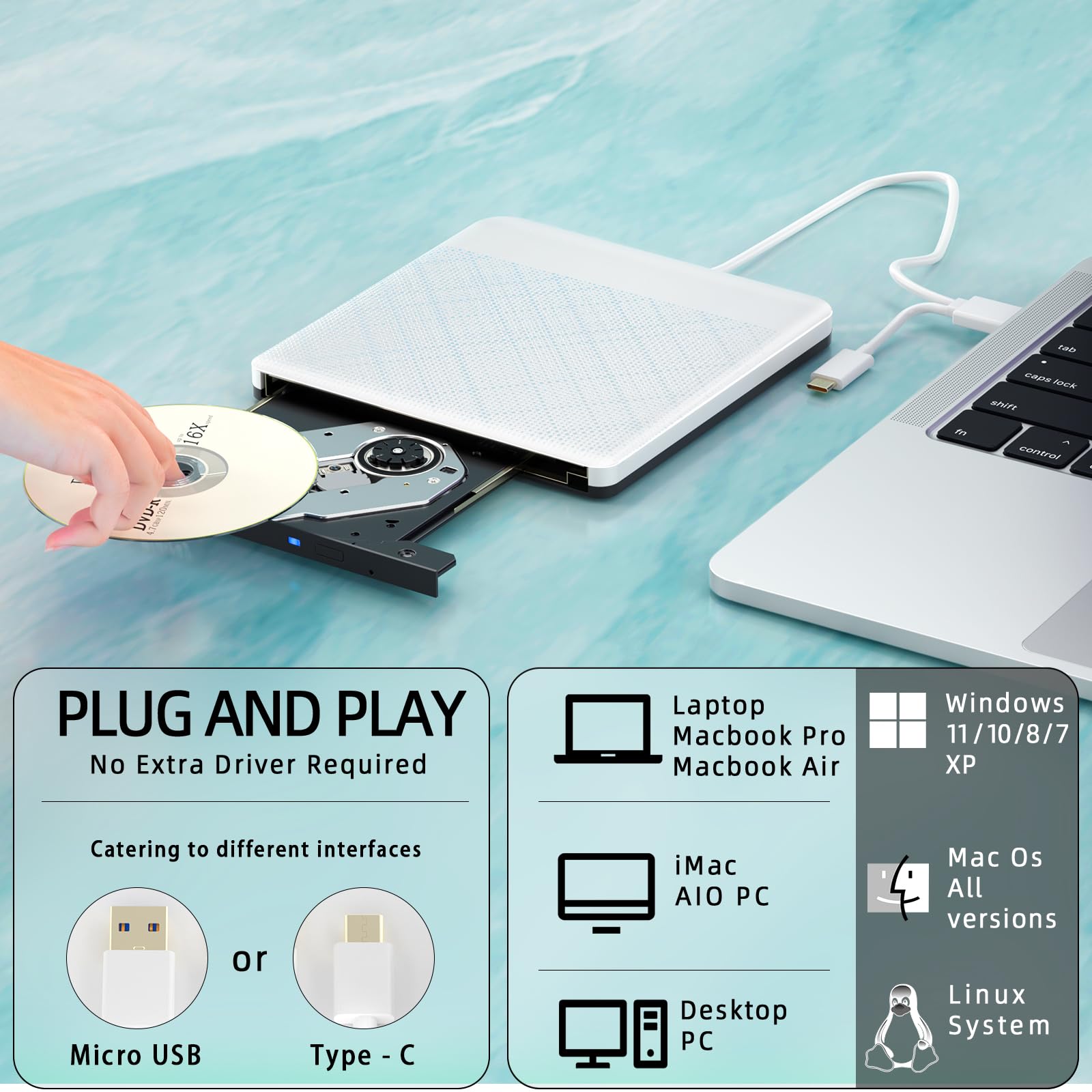Dainty External CD/DVD Drive for Laptop Portable CD/DVD Burner USB 3.0 Optical Disk Drive for for Laptop Mac, DVD Player for PC Compatible with Windows /10/8/7 Linux OS
