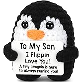 Son Gifts from Mom Dad, Handmade Crochet Mini Penguin Valentines Day Birthday Gift for Son Teen Adult Bonus Step, To My Son Gifts for Birthday, Funny I Love You Son Fathers Day Emotional Decor