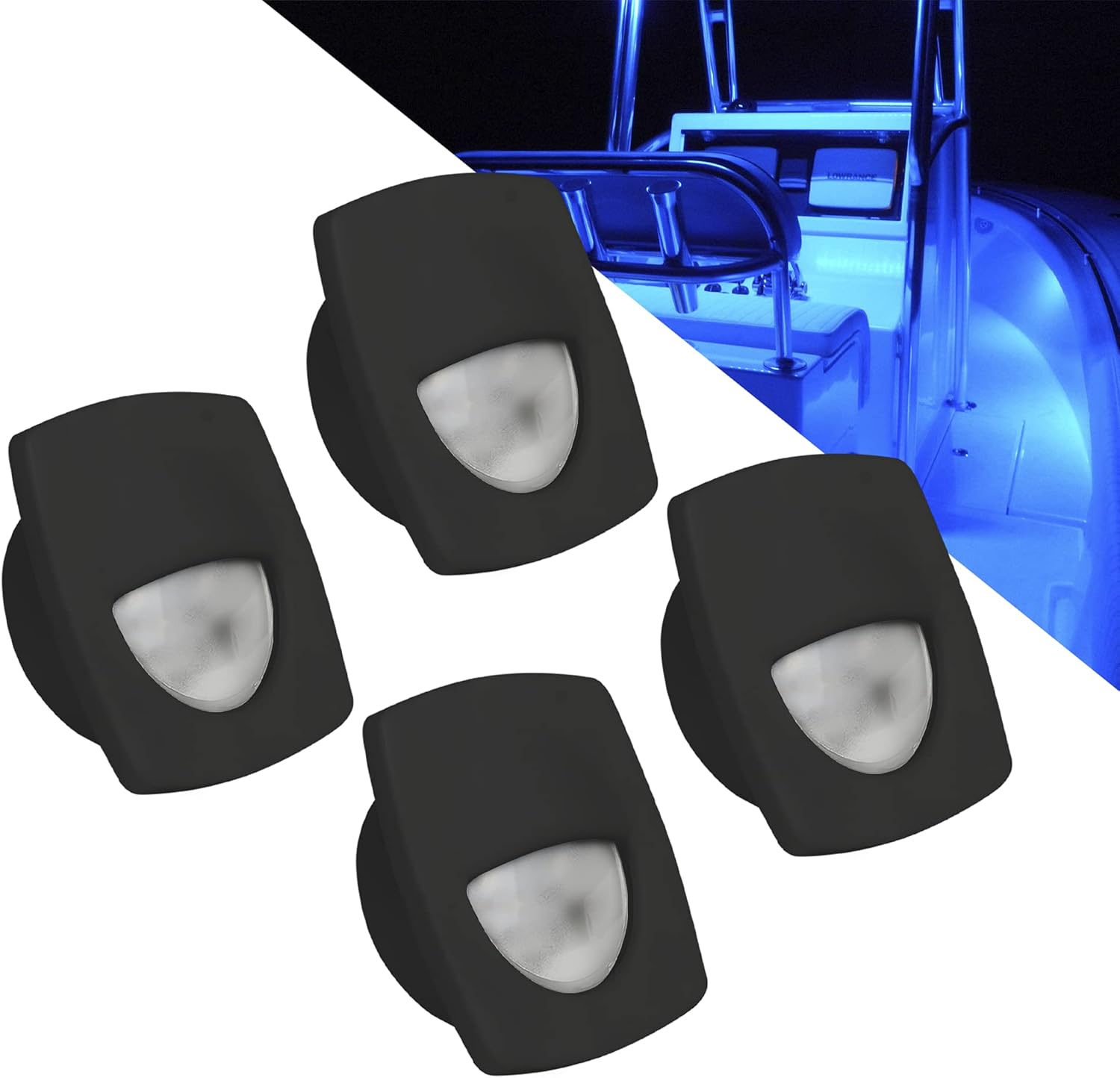 Five Oceans Blue LED Companion Way Courtesy Light, Black Cover, 4-Pack, Marine, Boat, RV, Motorhome, Camper, Caravan, Trailer, FO-4002-M4