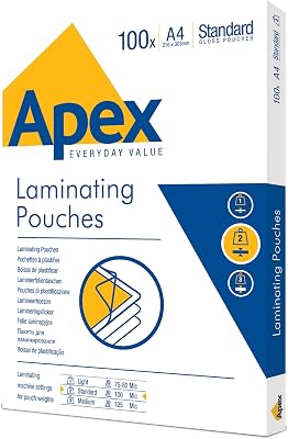 Apex A4 Laminierfolien, glänzende Oberfläche, 100 Blatt, Standard A4, Ideal für Fotos und Informationshinweise mit optimalem Kontrast