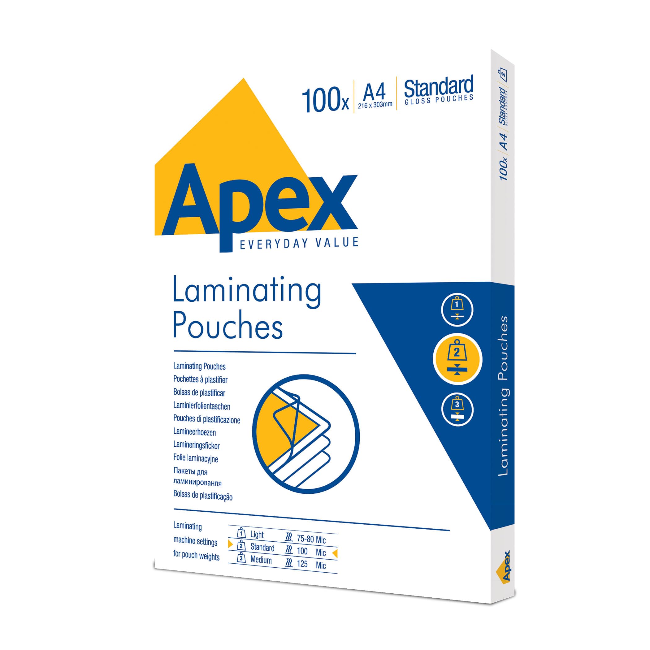 Fellowes Apex A4 Laminating Pouches, Glossy Finish, 100 Sheets - Standard - Ideal for Notices, Photos, Creatives, Certificates and Everyday Use