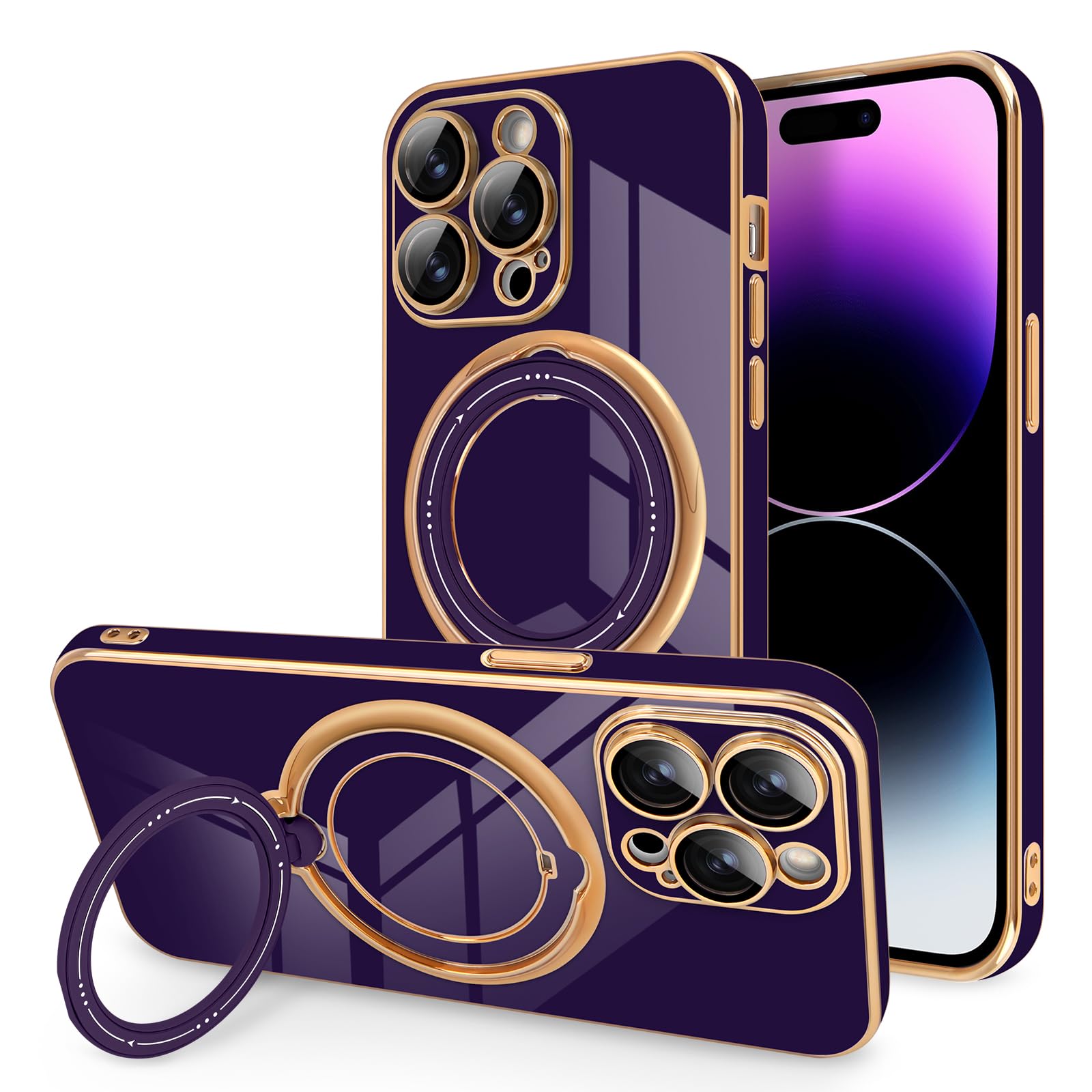 Photo 1 of Newseego for iPhone 14 Pro Max Case, Luxury Plating Edge Case with 360° Rotatable Magnetic Invisible Stand for Women Girls Men Soft TPU Bumper Shockproof Protective Cover for iPhone 14 Pro Max-Purple