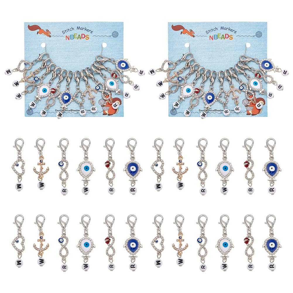 NBEADS 24 Pcs 12 Styles Evil Eye Stitch Markers, Rhinestone Alloy Crochet Stitch Markers Removable Locking Charms for Knitting Sewing Accessories Handmade Jewelry 4.8-5.5cm Long
