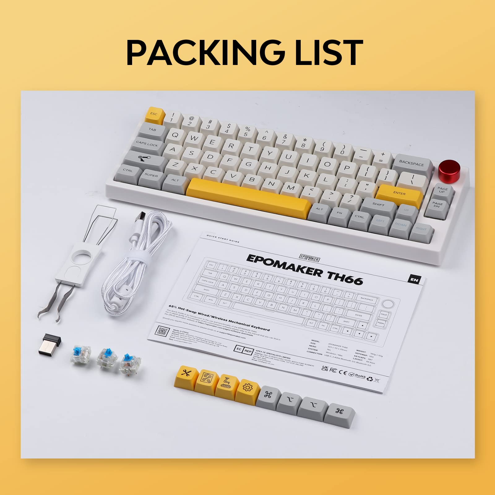 EPOMAKER TH66 Pro 65% Hot Swappable RGB 2.4Ghz/Bluetooth 5.0/Wired Mechanical Gaming Keyboard with MDA PBT Keycaps, Knob Control for Mac/Win (White Case, Gateron Pro Red)