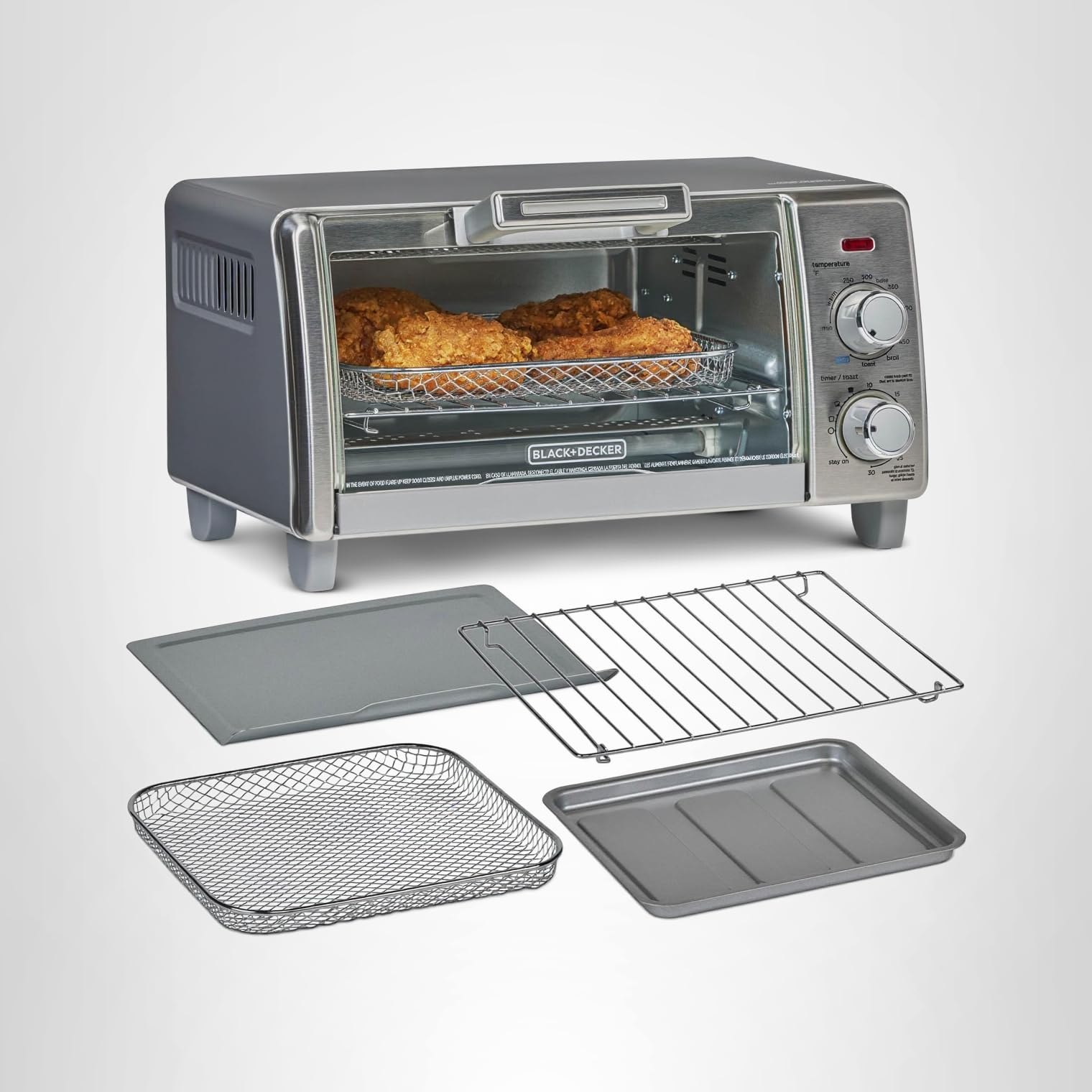 BLACK+DECKER Crisp 'N Bake Air Fry Countertop Convection Toaster Oven, Medium Capacity, 4-Slice, 5-in-1, Fits 9” Pizza, 30-Min Timer, Bake, Broil, Air Fry, Toast, Keep Warm, Stainless Steel