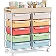 Rolling Storage Cart with Wooden TableTop, Utility Cart with 10 Large Drawers for Craft Organizers, Art Supply Storage, Home Office Organization, Cart with Wheels for Classroom, Living Room, Colorful