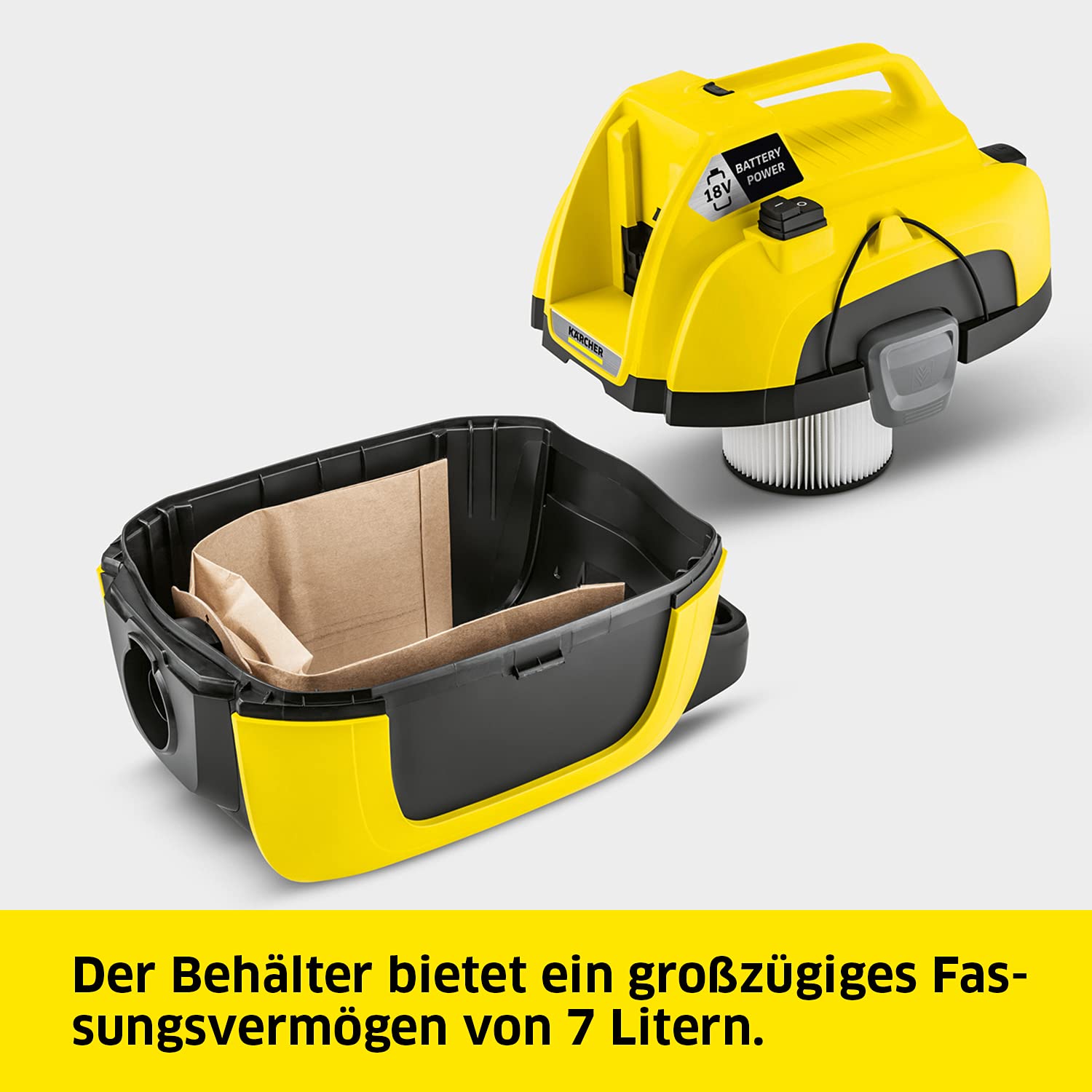 Karcher 18 V Akku-Nass-/Trockensauger WD 1 Compact Battery Set, Patronenfilter, Saugschlauch:1,20 m, Behältergröße:7 l, Leistung:230 W, verwendbar 18-V-Akku, mit Akku 3
